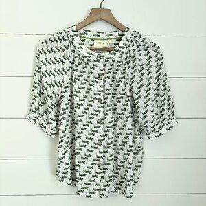 Maeve by Anthropologie white with green grasshoppers button down blouse sz small